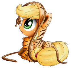 Size: 700x671 | Tagged: safe, artist:xioade, applejack, g4, applecat, catsuit, cute, female, prone, rope, simple background, solo, transparent background