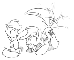 Size: 709x572 | Tagged: safe, artist:xioade, rainbow dash, scootaloo, pony, g4, carrot, eyes closed, monochrome, mouth hold, pet, petting, smiling, tail wag
