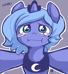 Size: 500x542 | Tagged: safe, artist:ende26, princess luna, pony, g4, blushing, crying, cute, female, filly, fourth wall, hug, hug request, looking at you, pov, scrunchy face, solo, tears of joy, tongue out, woona, younger