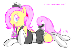 Size: 798x555 | Tagged: safe, artist:silver1kunai, fluttershy, pegasus, pony, g4, blushing, clothes, duster, female, fluttermaid, maid, mare, mouth hold, solo, stockings