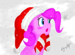 Size: 697x509 | Tagged: safe, artist:silver1kunai, pinkie pie, g4, clothes, female, hat, santa hat, snow, snowfall, socks, solo, striped socks