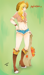 Size: 1135x1915 | Tagged: safe, artist:67, applejack, human, g4, adonis belt, apple, bag, belly button, clothes, daisy dukes, eared humanization, female, high heel boots, humanized, japanese, light skin, midriff, pixiv, sack, solo