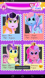 Size: 527x900 | Tagged: safe, oc, oc only, oc:angel, oc:ben, oc:mia, oc:princess, abomination, bootleg, colt, filly, game, male, my little pony dentist, nightmare fuel, uncanny valley, wat, wtf