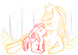 Size: 488x348 | Tagged: safe, artist:silver1kunai, apple bloom, applejack, earth pony, pony, g4, age difference, applecest, blushing, duo, female, filly, foal, incest, kiss on the lips, kissing, lesbian, mare, mare on filly, partial color, ship:bloomjack, shipping, size difference