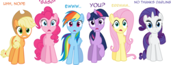 Size: 23066x8871 | Tagged: safe, artist:medio-cre, edit, applejack, fluttershy, pinkie pie, rainbow dash, rarity, twilight sparkle, earth pony, pegasus, pony, unicorn, g4, absurd resolution, disgusted, do not want, female, horrified, hug request, hugpony poses, hugs?, line-up, mane six, mare, shocked, simple background, subverted meme, transparent background, unicorn twilight