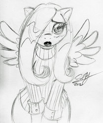 Size: 816x978 | Tagged: safe, artist:baikobits, fluttershy, anthro, g4, female, monochrome, solo, traditional art