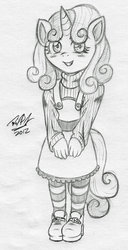 Size: 639x1249 | Tagged: safe, artist:baikobits, sweetie belle, anthro, g4, blushing, clothes, cute, dress, female, grin, looking at you, monochrome, sketch, smiling, solo, squee, traditional art
