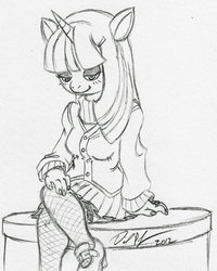 Size: 800x998 | Tagged: safe, artist:baikobits, twilight sparkle, anthro, g4, clothes, female, monochrome, sketch, solo, stockings, traditional art