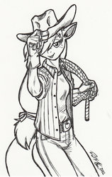 Size: 710x1126 | Tagged: safe, artist:baikobits, applejack, earth pony, anthro, g4, female, monochrome, sketch, solo, traditional art