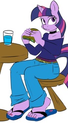 Size: 1034x1878 | Tagged: safe, artist:sweethd, edit, twilight sparkle, anthro, plantigrade anthro, g4, chair, clothes, colored, drink, feet, female, flip-flops, food, glass, jeans, nail polish, pants, sandals, sandwich, sitting, solo, table, toenails, toes