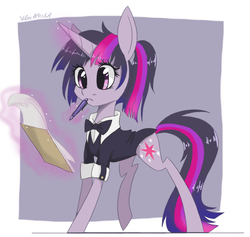 Size: 950x900 | Tagged: safe, artist:silbersternenlicht, twilight sparkle, g4, alternate hairstyle, bowtie, clothes, female, magic, pen, solo, telekinesis