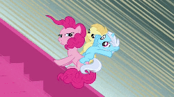 Size: 500x281 | Tagged: safe, screencap, bloo, noi, pinkie pie, earth pony, pony, unicorn, a friend in deed, g4, animated, blank flank, bloo riding pinkie pie, bloodorable, cute, female, filly, gif, grin, noi riding pinkie pie, noiabetes, open mouth, ponies riding ponies, riding, sliding, smile song, smiling, speed lines, two riding one, windswept mane