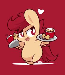Size: 800x920 | Tagged: safe, artist:php56, scootaloo, chicken, pegasus, pony, g4, bipedal, bucket, bucket of chicken, cannibalism joke, chibi, chicken meat, drink, female, food, fried chicken, heart, kfc, meat, plate, ponies eating meat, scootachicken, solo
