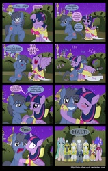 Size: 2000x3158 | Tagged: safe, artist:mlp-silver-quill, twilight sparkle, oc, oc:clutterstep, alicorn, pony, comic:a princess' tears, g4, canon x oc, canterlot, comic, female, funny faces, heartbreak, labyrinth, male, mare, medic, night guard, peach dream, royal guard, shipping, spotlight, straight, top tier, twilight sparkle (alicorn), wingding eyes