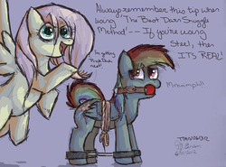 Size: 1000x740 | Tagged: safe, artist:feathersandink, fluttershy, rainbow dash, pegasus, pony, g4, ballgag, bondage, bound wings, discorded, female, fractured loyalty, gag, mare, rope, spreader bar, try to ask nicely, worried