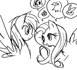 Size: 600x550 | Tagged: safe, artist:zira22_don, fluttershy, rainbow dash, g4, find a pet, monochrome, pixiv