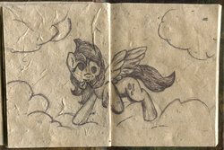 Size: 5177x3467 | Tagged: safe, artist:halfaman, derpy hooves, pegasus, pony, g4, derp, female, hooves, lined paper, mare, monochrome, notebook, solo, traditional art