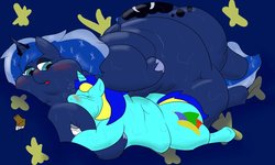 Size: 1280x768 | Tagged: safe, artist:watertimdragon, princess luna, oc, oc:jester bells, pony, g4, bed, blushing, butt, drunk, drunk luna, fat, impossibly large butt, morbidly obese, obese, plot, princess moonpig, sweat