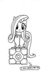 Size: 884x1500 | Tagged: safe, artist:ricedawg, fluttershy, pegasus, pony, g4, black and white, companion cube, crossover, female, grayscale, monochrome, solo, thought bubble