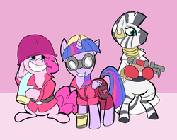 Size: 847x671 | Tagged: safe, artist:metal-kitty, pinkie pie, twilight sparkle, zecora, alicorn, pony, zebra, g4, engineer, engineer (tf2), female, mare, medic, medic (tf2), medicora, pinkie soldier, soldier, soldier (tf2), team fortress 2, twi engie, twilight sparkle (alicorn)