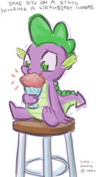 Size: 407x750 | Tagged: safe, artist:king-kakapo, spike, dragon, g4, 30 minute art challenge, alliteration, male, sketch, solo, stool, sundae, text