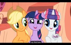 Size: 500x313 | Tagged: safe, edit, edited screencap, screencap, applejack, rarity, twilight sparkle, pony, unicorn, g4, c:, caption, cute, female, happy, horn, implied shipping, lesbian, meme, open mouth, ship:rarilight, ship:twijack, shipping, smiling, text, youtube caption