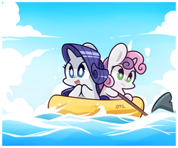 Size: 1230x1030 | Tagged: safe, artist:php56, rarity, sweetie belle, pony, shark, unicorn, g4, boat, chibi, duo, female, filly, foal, mare, open mouth, raft, shark fin, siblings, sisters, smiling, water