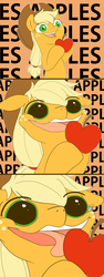 Size: 452x1200 | Tagged: safe, artist:sion, applejack, g4, apple, comic, licking, that pony sure does love apples, wat