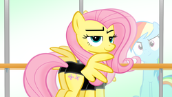 Size: 1366x768 | Tagged: safe, artist:flare-chaser, fluttershy, rainbow dash, pegasus, pony, g4, butt, duo, female, leotard, mirror, plot, sexy, smiling