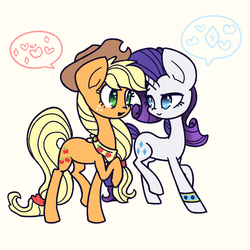 Size: 900x900 | Tagged: safe, artist:otterlore, applejack, rarity, g4, bandana, bracelet, cute, female, heart, lesbian, neckerchief, pictogram, ship:rarijack, shipping, simple background, speech bubble, white background