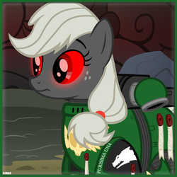 Size: 1000x1000 | Tagged: safe, artist:a4r91n, applejack, earth pony, pony, g4, armor, colored sclera, crossover, female, glowing eyes, icon, mare, power armor, powered exoskeleton, purity seal, red eyes, red sclera, salamanders, solo, space marine, vector, warhammer (game), warhammer 40k