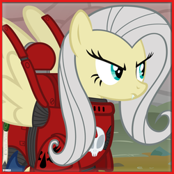 Size: 1000x1000 | Tagged: safe, artist:a4r91n, fluttershy, pegasus, pony, g4, angry, armor, blood angels, crossover, fangs, female, flutterbat, flutterrage, frown, glare, hilarious in hindsight, icon, mare, power armor, powered exoskeleton, purity seal, solo, space marine, spread wings, vector, warhammer (game), warhammer 40k