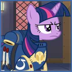 Size: 1000x1000 | Tagged: safe, artist:a4r91n, twilight sparkle, pony, unicorn, g4, annoyed, armor, crossover, female, icon, mare, power armor, powered exoskeleton, purity seal, solo, space marine, ultramarine, unamused, unicorn twilight, vector, warhammer (game), warhammer 40k, your spiritual liege