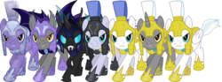 Size: 7500x2775 | Tagged: safe, artist:theshadowstone, oc, bat pony, changeling, crystal pony, earth pony, pegasus, pony, unicorn, absurd resolution, armor, changeling officer, crystal guard, crystal guard armor, guard, line-up, night guard, royal guard, simple background, transparent background, vector