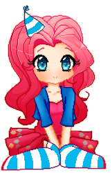 Size: 165x254 | Tagged: safe, artist:blackie-96, pinkie pie, human, g4, animated, female, hat, humanized, light skin, party hat, pixel art, sitting, solo