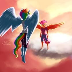 Size: 1200x1200 | Tagged: safe, artist:siden, rainbow dash, scootaloo, anthro, unguligrade anthro, g4, backlighting, cloud, cloudy, crying, hooves