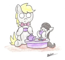 Size: 931x858 | Tagged: safe, artist:bobthedalek, octavia melody, oc, oc:octavia's father, oc:ostinato melody, earth pony, pony, g4, bowtie, crayon, cute, duo, father and daughter, female, filly, game, hnnng, male, pretend, purple, table, tea, tea party, teacup, teapot, younger