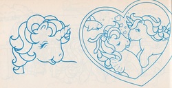Size: 1095x560 | Tagged: safe, baby glory, pony, sea pony, shark, unicorn, g1, official, coloring book, heart, italian coloring book, kissing, underwater