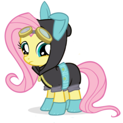 Size: 600x603 | Tagged: safe, artist:realasky, fluttershy, pegasus, pony, g4, bunny ears, clothes, costume, dangerous mission outfit, female, filly, goggles, hoodie, mare, simple background, skinny, solo, thin, transparent background