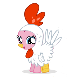 Size: 600x696 | Tagged: dead source, safe, artist:realasky, pinkie pie, chicken, g4, animal costume, chicken pie, chicken suit, clothes, costume, cute, diapinkes, female, filly, looking at you, nightmare night, open mouth, simple background, smiling, solo, transparent background