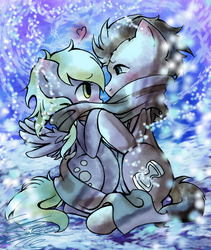 Size: 1082x1279 | Tagged: safe, artist:midnameowfries, derpy hooves, doctor whooves, time turner, pegasus, pony, g4, clothes, cute, daaaaaaaaaaaw, derpabetes, doctorbetes, female, heart, heartwarming, hnnng, male, mare, pregnant, scarf, shared clothing, shared scarf, ship:doctorderpy, shipping, straight, winter