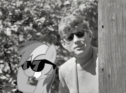 Size: 1159x855 | Tagged: safe, artist:shinodage, edit, rainbow dash, human, pony, g4, american presidents, black and white, grayscale, irl, irl human, john f. kennedy, photo, ponies in real life, president, smiling, sunglasses