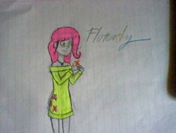 Size: 640x480 | Tagged: safe, artist:ilovehersheyssomuch, fluttershy, butterfly, human, g4, female, humanized, light skin, lined paper, paper, solo, traditional art
