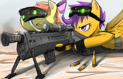 Size: 1400x896 | Tagged: safe, artist:stupidyou3, apple bloom, scootaloo, earth pony, pegasus, pony, g4, binoculars, bullet, female, goggles, gun, hooves, lying down, night vision goggles, open mouth, optical sight, rifle, sniper, sniper rifle, spread wings, visor, weapon, wings