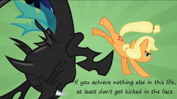 Size: 800x447 | Tagged: safe, edit, edited screencap, screencap, applejack, changeling, earth pony, pony, a canterlot wedding, g4, my little pony: friendship is magic, caption, female, insane pony thread, mare, text