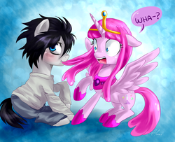 Size: 1600x1300 | Tagged: safe, artist:zorbitas, alicorn, earth pony, pony, adventure time, blushing, clothes, crossover, death note, l, l lawliet, male, nom, ponified, princess bubblegum, shocked, sweat