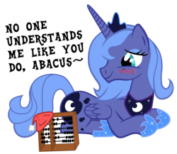 Size: 976x847 | Tagged: safe, artist:xiagu, princess luna, alicorn, pony, g4, abacus, blushing, cargo ship, female, lunabacus, mare, prone, s1 luna, shipping, simple background, solo, transparent background