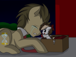 Size: 960x720 | Tagged: safe, artist:hikariviny, doctor whooves, time turner, oc, oc:sweet lullaby, pony, g4, abandoned, abandonment, adoption, baby, baby pony, crying, father and daughter, foal, offspring, parent:doctor whooves, parent:roseluck, parents:doctorrose, sad