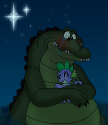 Size: 1260x1450 | Tagged: safe, artist:chibi-n92, spike, alligator, dragon, g4, blushing, crossover, crying, disney, duo, duo male, hug, louis, male, night, the princess and the frog