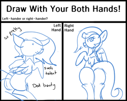 Size: 548x434 | Tagged: safe, artist:verminshy, oc, oc only, pony, butt, doge, draw with both hands, monochrome, non-dominant hand drawing, plot